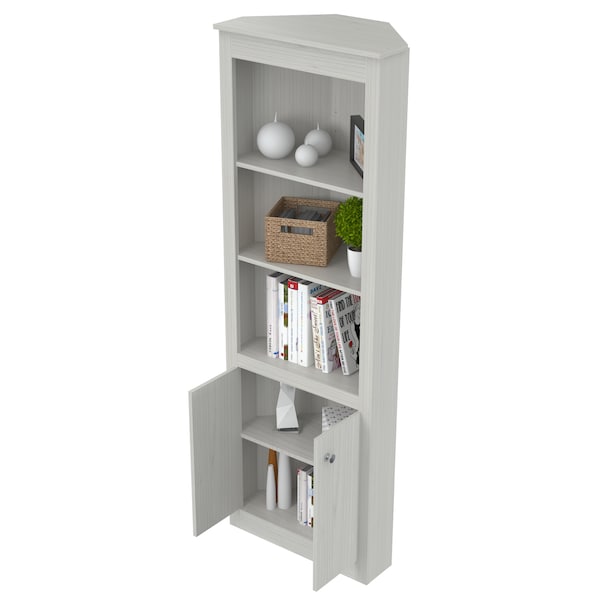 Corner Bookshelf 70.02 in. H 5-shelf with Double Door Storage in Washed Oak